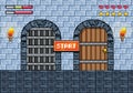 Castles doors with torches and notice message with life bars