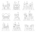 Castles and fortresses flat design vector icons. Set of 9 illustrations of ruins, mansions, palaces, villas and other