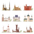 Castles and fortresses set. Flat cartoon style vector illustrations collection.