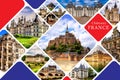 Castles of France, collage. Mont Saint Michele, Castle of Fougeres, Amboise, Fontainebleau, Chenonceau, Vitre, Saumu, Shambord. Royalty Free Stock Photo