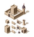 Castles isometric. Creation kit of medieval buildings walls gates towers of ancient castles vector architectural assets