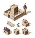 Castles isometric. Medieval historical cartoon architecture buildings ancient farm houses vector castles