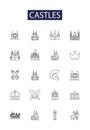 Castles line vector icons and signs. architecture, building, old, fantasy, medieval, tower, fairytale,palace outline