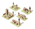 Castles low poly. Video game isometric assets medieval buildings from old rocks and bricks 3d houses vector old fort