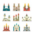 Castles medieval. Fairytale dome palace with big towers vector pictures of medieval constructions in flat style