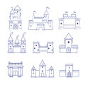 Castles. Medieval old buildings ancient old tower architecture vector line drawn pictures collection