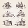 Castles medieval. Old tower buildings vintage architecture ancient gothic castles vector hand drawn illustrations