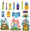 Castles towers and fortresses architecture vector illustrations cartoon set, fairy medieval palaces with towers, walls Royalty Free Stock Photo