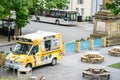 Castletown, Isle of Man, June 15, 2019. Looking from Castle Rushen, into Castletown`s Market Square with Ice cream van Royalty Free Stock Photo