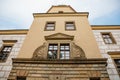 Castolovice, Eastern Bohemia, Czech Republic, 11 September 2021: renaissance castle with tower at sunny day, courtyard with