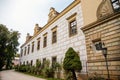 Castolovice, Eastern Bohemia, Czech Republic, 11 September 2021: renaissance castle with tower at sunny day, courtyard with