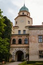 Castolovice, Eastern Bohemia, Czech Republic, 11 September 2021: renaissance castle with tower at sunny day, courtyard with