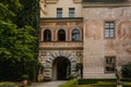 Castolovice, Eastern Bohemia, Czech Republic, 11 September 2021: renaissance castle with tower at sunny day, courtyard with