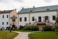 Castolovice, Eastern Bohemia, Czech Republic, 11 September 2021: renaissance castle with tower at sunny day, courtyard with