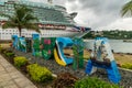 St Lucia sign and MV Ventura Pointe Seraphine Cruise port Castries St Lucia Royalty Free Stock Photo