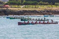 CASTRO URDIALES, SPAIN - AUGUST 21: Start of the competition, with boats of San Juan, Kaiku, Hondarribia and Urdaibai in the compe