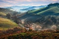 Castrocaro Terme e Terra del Sole, Forli-Cesena, Emilia Romagna, Italy: landscape at sunrise of the hills with fog in the valley