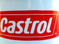 Castrol logo on engine oil barrel.