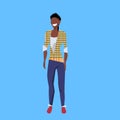 Casual african american woman standing pose happy lady female cartoon character full length blue background flat