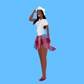 Casual african american woman standing pose holding hat summer relax happy lady female cartoon character full length