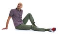 Casual bald man sitting on white background