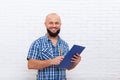 Casual Bearded Business Man Holding Folder Pencil Document Writing Happy Smile