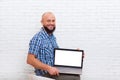 Casual Bearded Business Man Sitting Hold Laptop Computer Empty Screen Copy Space Royalty Free Stock Photo