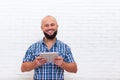 Casual Bearded Man Using Tablet Computer Happy Smile Royalty Free Stock Photo
