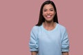 Casual beautiful young asian american isolated portrait on pink background, genuine sincere smile with nice straight white teeth Royalty Free Stock Photo