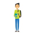 Casual boy with backpack hold book, student full length avatar on white background, successful study concept, flat