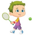 The casual boy is playing a tennis in a field court area and hit the ball Royalty Free Stock Photo