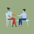 Casual business meeting. Discussion two women sitting. Hand shaking ladies. Idea teamwork concept. Businesswoman illustration.