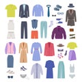 casual clothes. fashioned modern seasonal collection outfit male and female dress jacket shirt pants. Vector pictures