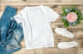 Casual clothes jeans shirt shoes Fashion flat lay social media