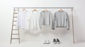 Casual clothing on a clothes rack. Simple white and grey shirts on wooden hangers, on white background. Generative AI