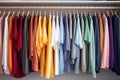 Casual colorful cotton clothes hanging on the rack wardrobe or closet interior decoration. Concept modern fashion life style. Royalty Free Stock Photo