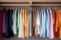 Casual colorful cotton clothes hanging on the rack wardrobe or closet interior decoration. Concept modern fashion life style. Royalty Free Stock Photo
