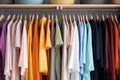 Casual colorful cotton clothes hanging on the rack wardrobe or closet interior decoration. Concept modern fashion life style. Royalty Free Stock Photo