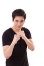 Casual, confident man posing street fight gesture