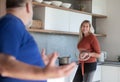 Casual couple discussing something standing in the kitchen. Royalty Free Stock Photo