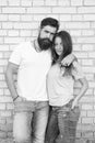 Casual couple in love. Couple enjoy each other romantic date. Man bearded and girl hug. Couple in love romantic date Royalty Free Stock Photo