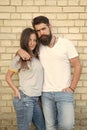 Casual couple in love. Couple enjoy each other romantic date. Man bearded and girl hug. Couple in love romantic date Royalty Free Stock Photo