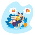 Casual couple sitting wooden bench man woman using laptop dream bubble communication concept male female cartoon
