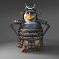 Casual 3d cartoon samurai penguin warrior with hands on hips, 3d illustration
