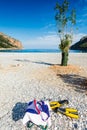 Bikini, sport fins and towel. Royalty Free Stock Photo