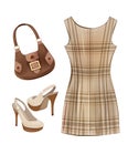 Casual dress, shoes and handbag.