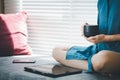 Casual dress woman relax from working with cup of coffee