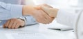 Casual dressed businessman and woman shaking hands after contract signing in sunny office. Handshake concept Royalty Free Stock Photo