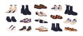 Casual fashion footwear set. Heeled and sport foot wear. Fall boots, summer sandals, modern sneakers. Different designs