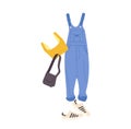 Casual female denim overalls, sportive top, sneakers and handbag, fashion clothes from 90s